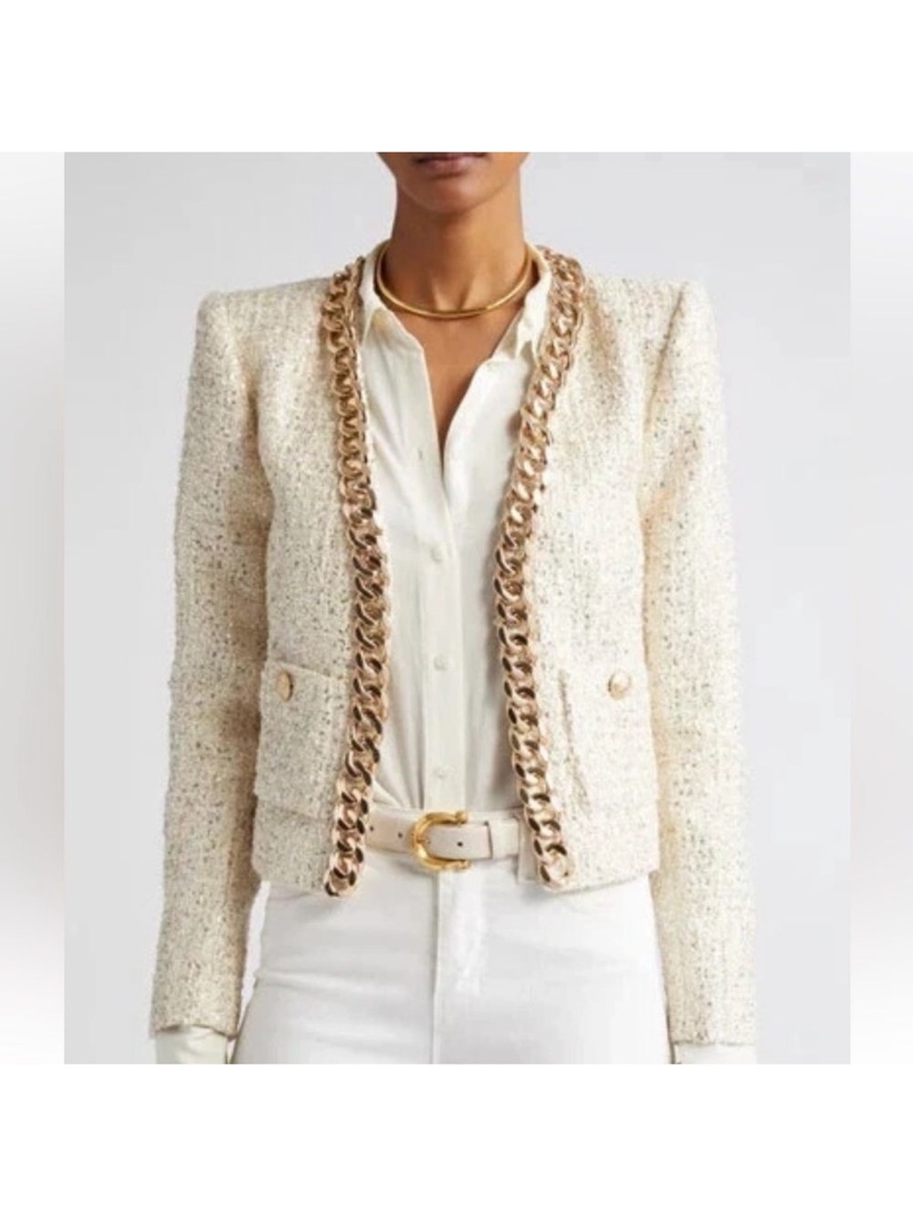 L'AGENCE Cream Tweed Jacket with Gold Chain Trim